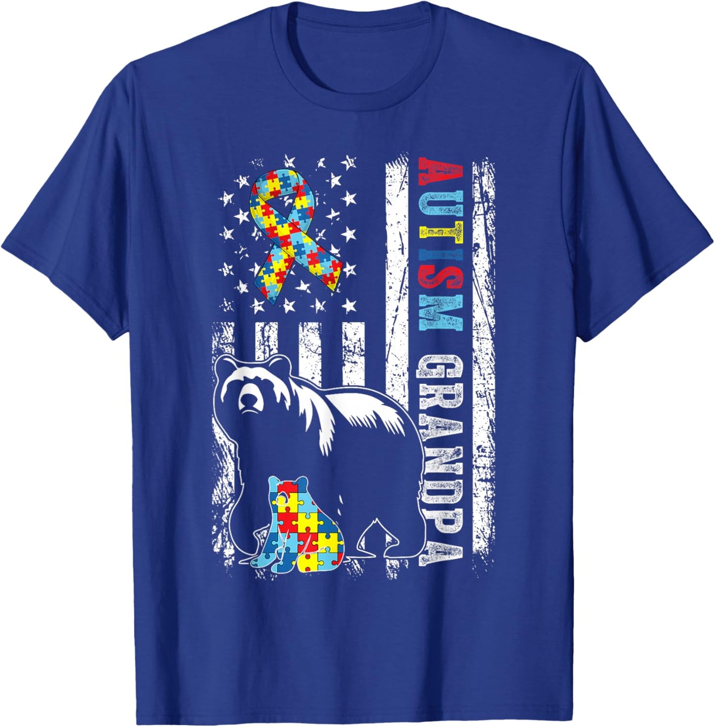 Autism Grandpa Bear With Puzzles & USA Flag Distressed T-Shirt - T-Shirt | Royal