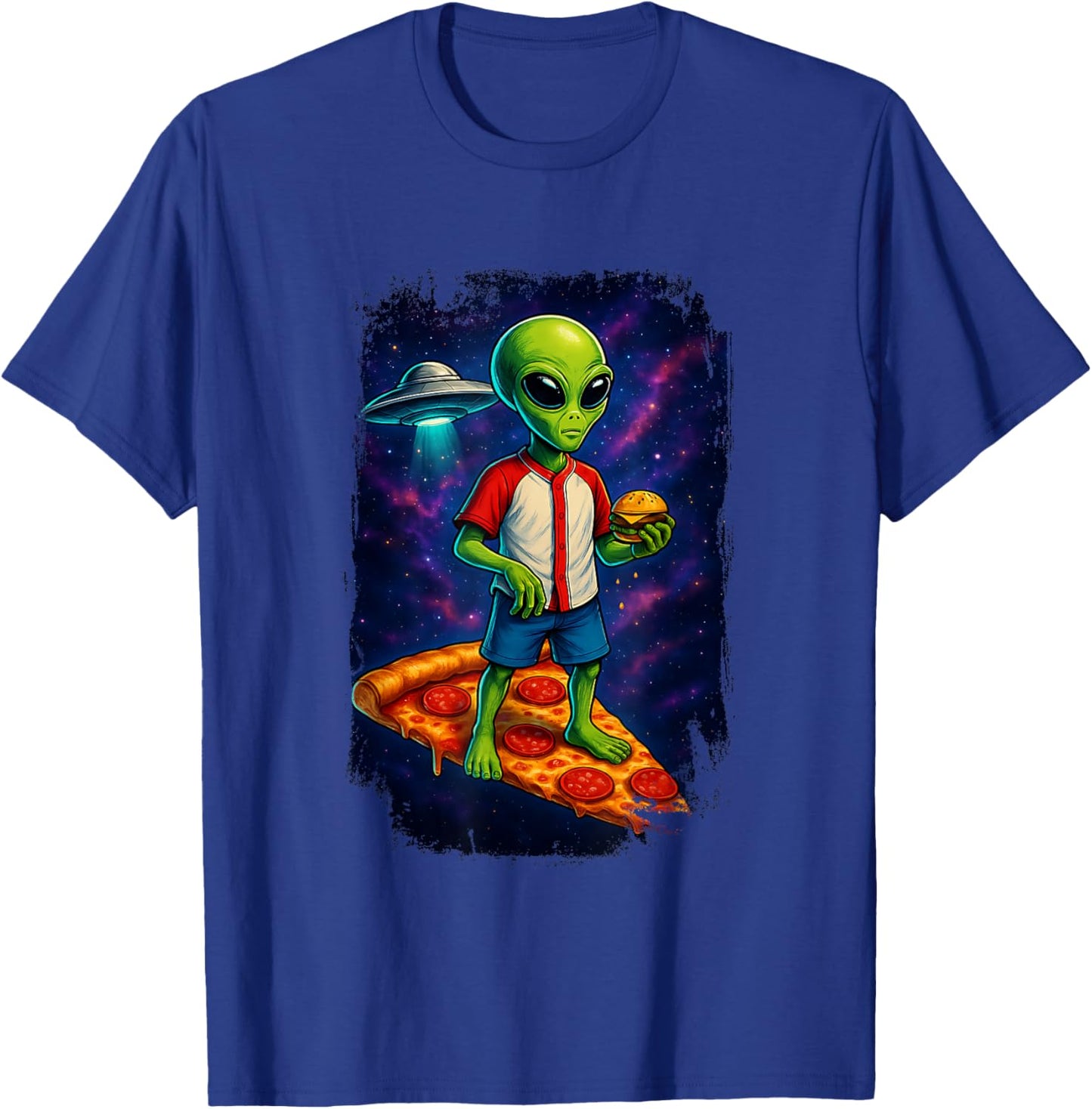 Alien UFO Pizza Galaxy Funny Hamburger T-Shirt - T-Shirt | Royal
