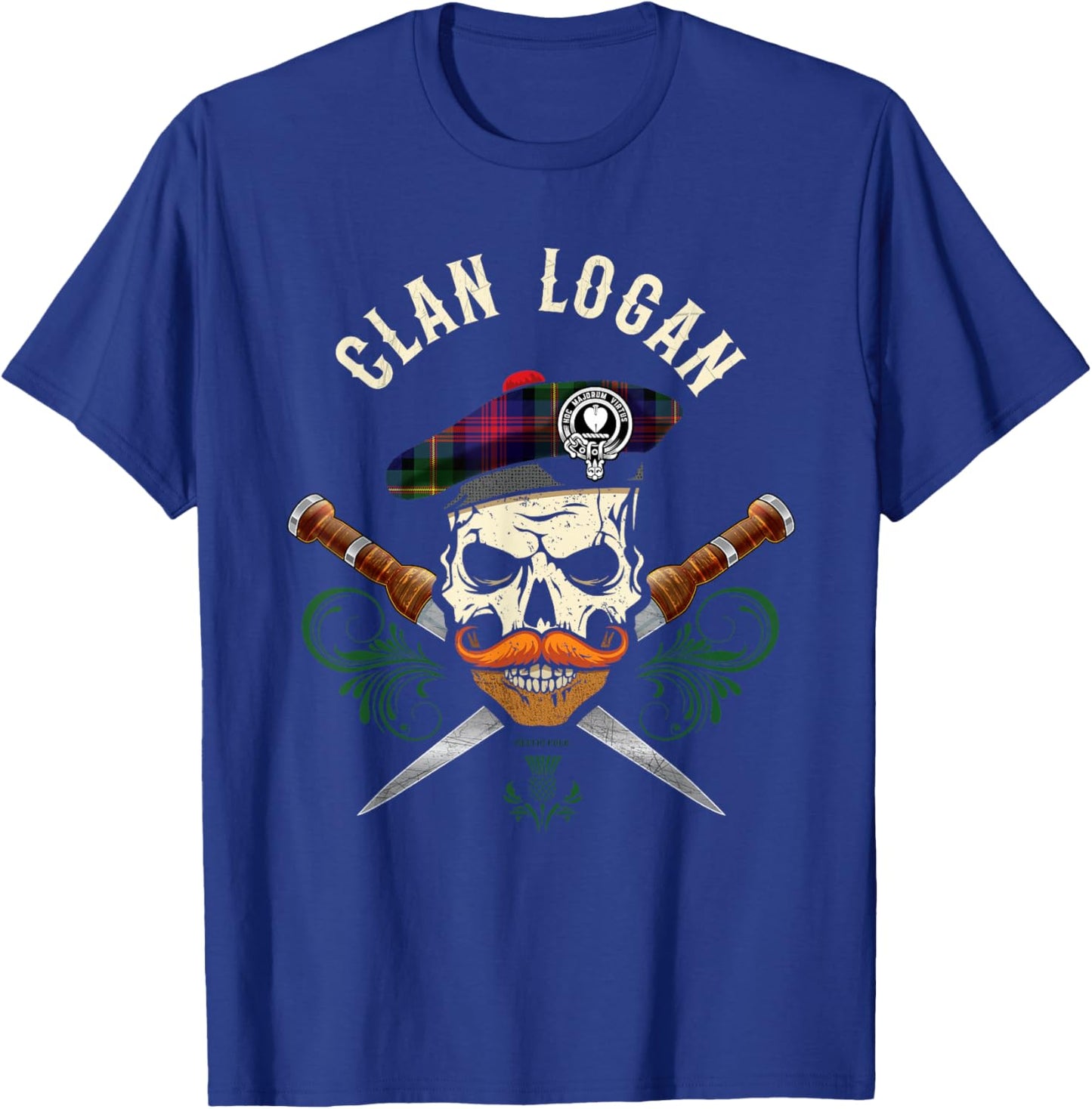 Scottish Clan Logan Surname Skull Dirks Tartan Badge T-Shirt - T-Shirt | Royal