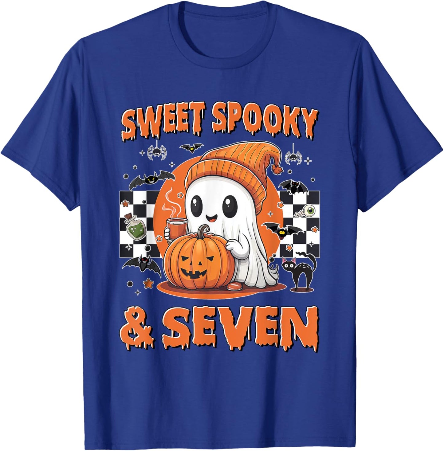7th Birthday Sweet Spooky & Seven Cute Ghost 7 Years Old T-Shirt - T-Shirt | Royal