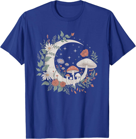 Floral Aesthetic Mushrooms Goblincore and Cottagecore Moon T-Shirt - T-Shirt | Royal