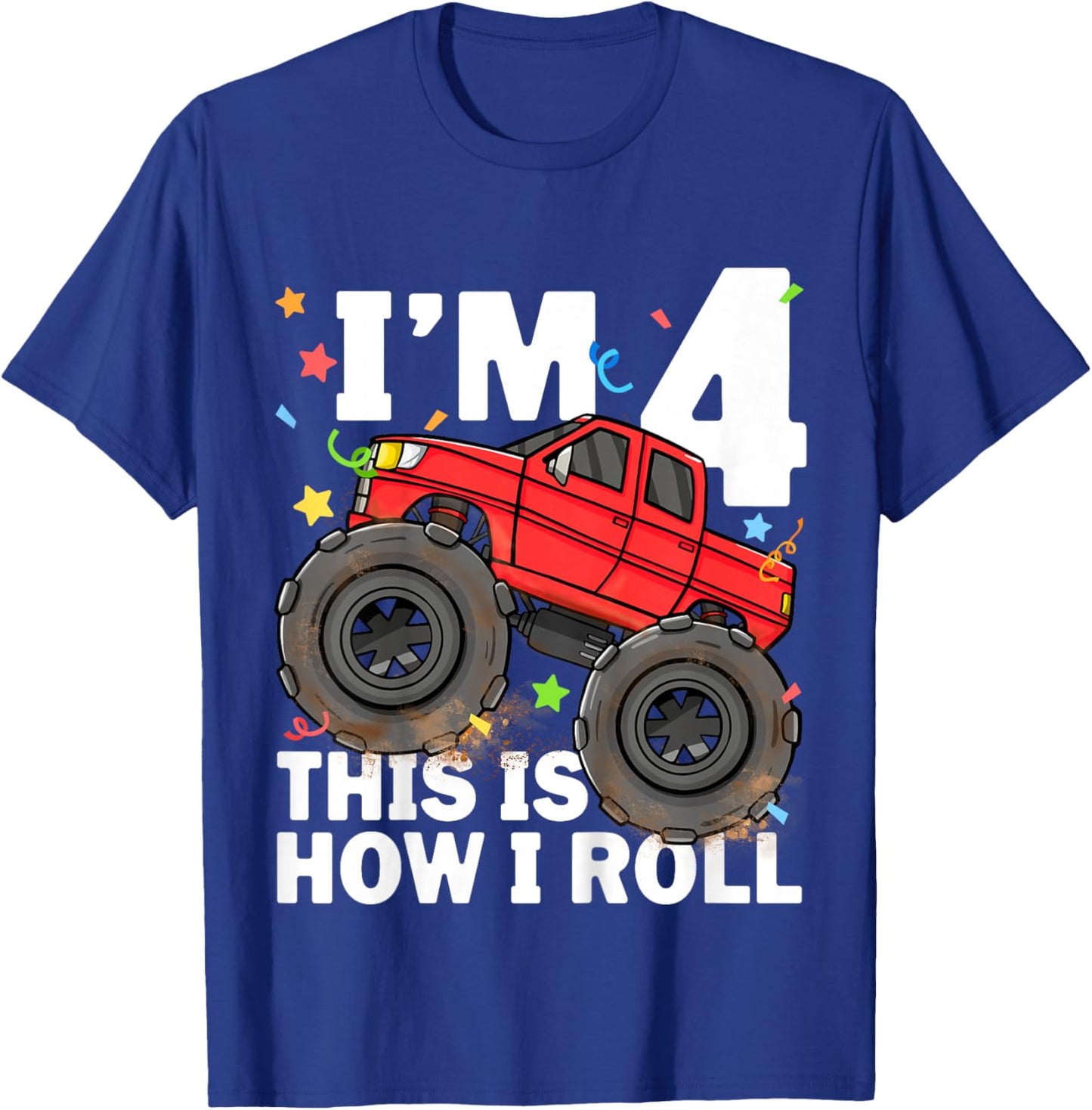 Kids Monster Truck 4th Birthday Boy Toddler 4 Four Year Old T-Shirt - T-Shirt | Royal