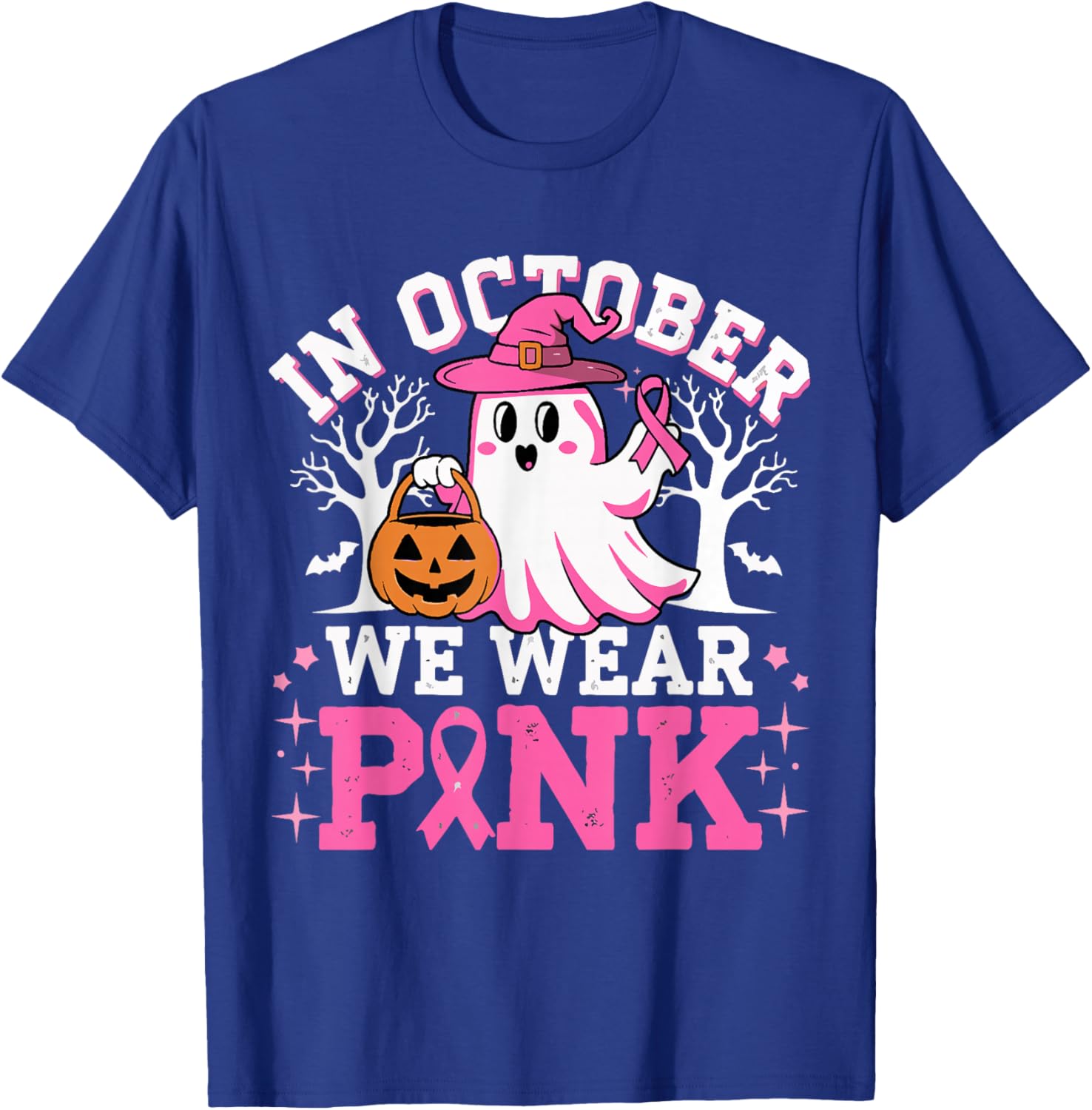 In October We Wear Pink Witch Ghost Halloween Breast Cancer T-Shirt - T-Shirt | Royal