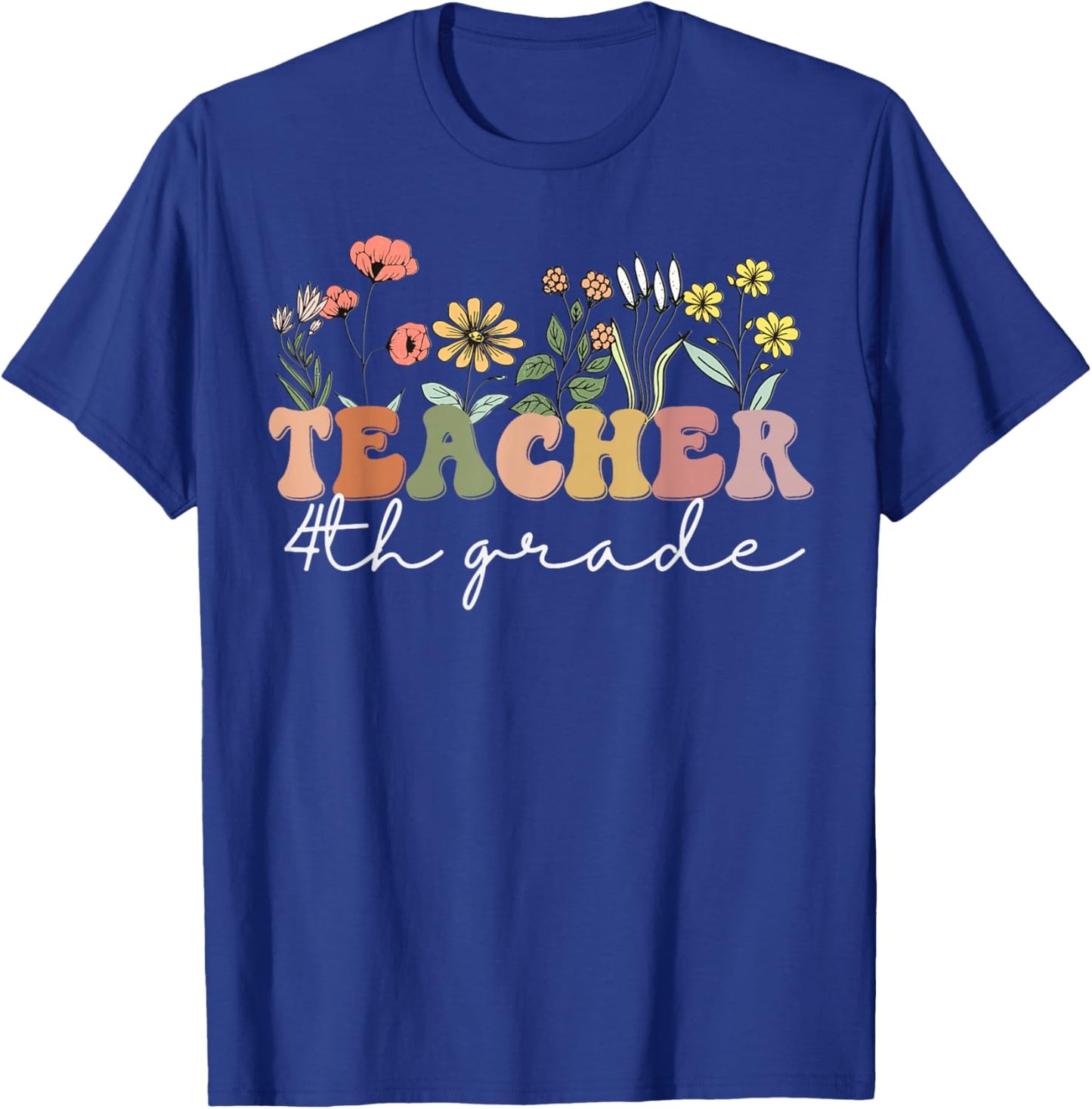 Fourth Grade Teacher Retro Boho Wildflower Teacher's Day T-Shirt - T-Shirt | Royal