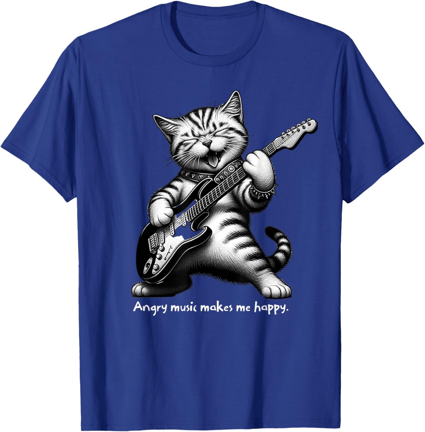 Cat Playing Electric Guitar Angry Music Makes Me Happy Women Girls Kids T-Shirt - T-Shirt | Royal
