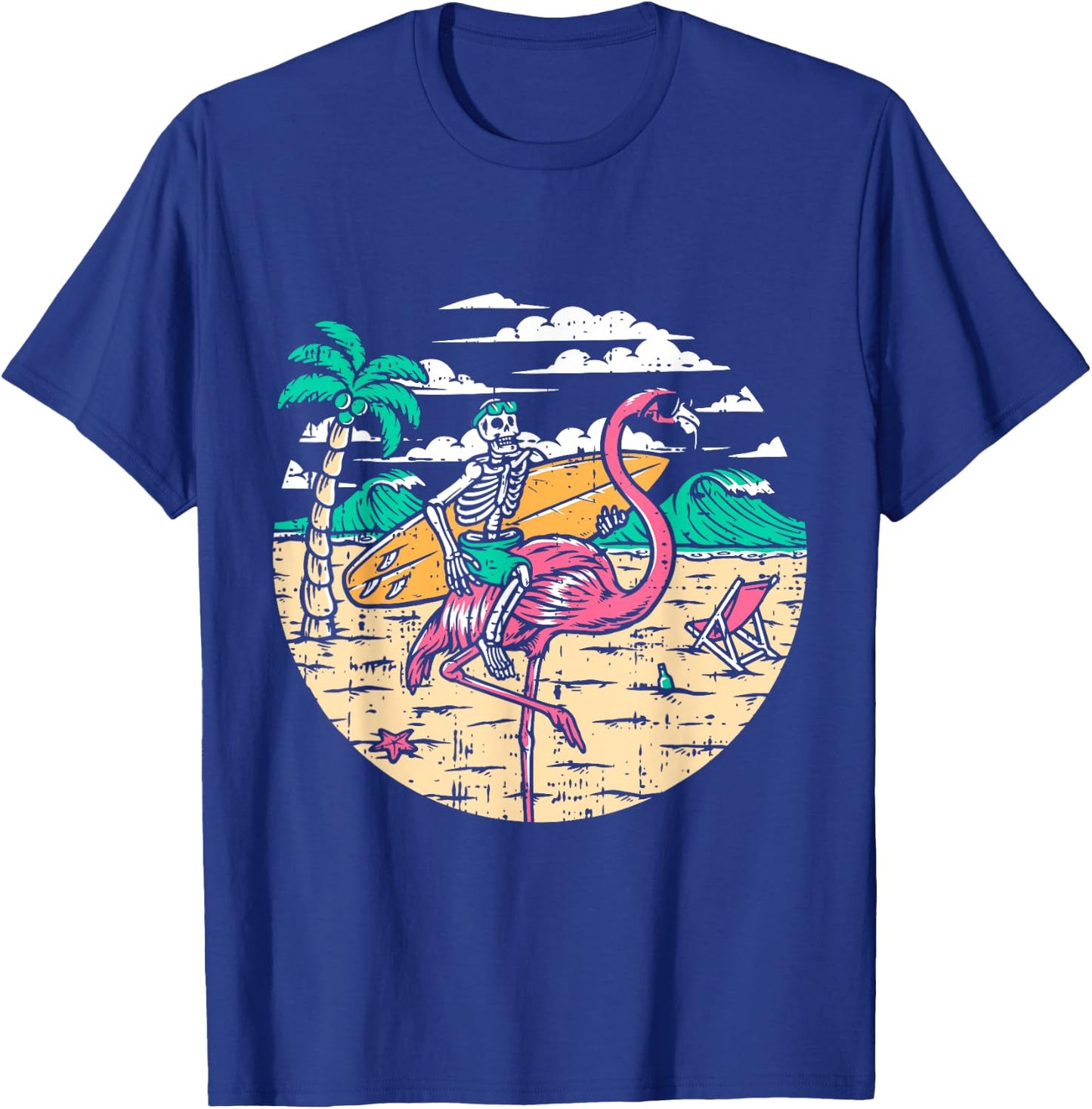Skeleton Surfer Riding Flamingo Halloween Costume Surfing T-Shirt - T-Shirt | Royal