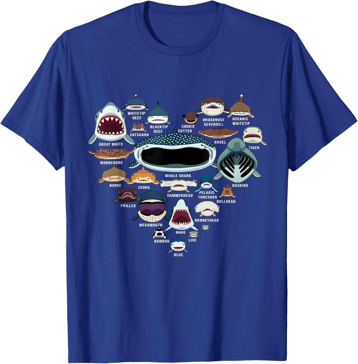 Types Of Sharks Marine Biology - All Shark Faces Heart T-Shirt - T-Shirt | Royal