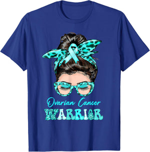Ovarian Cancer Warrior Messy Bun Teal ribbon T-Shirt - T-Shirt | Royal