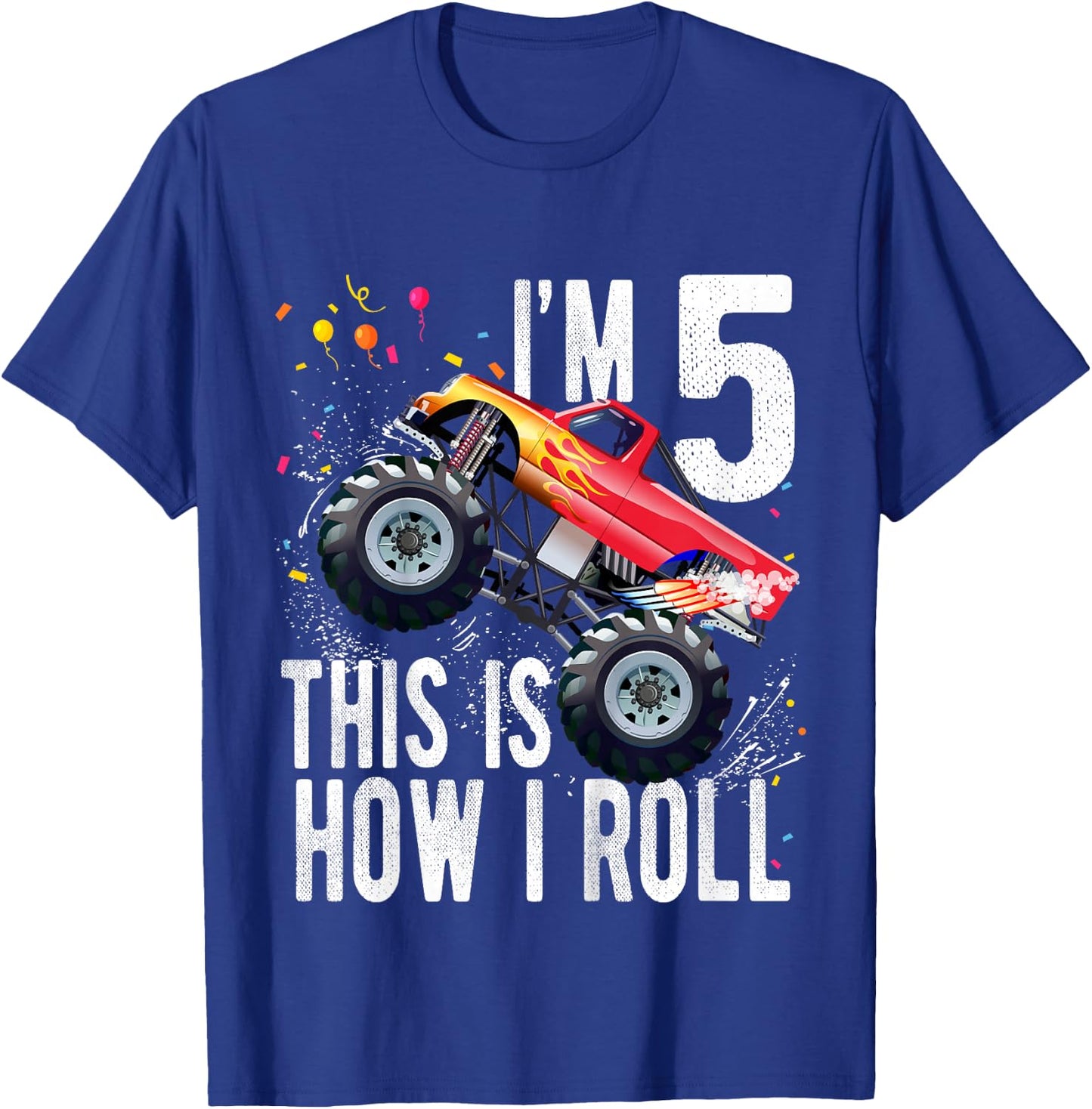 Kids 5 Year Old Shirt 5th Birthday Boy Monster Truck Car T-Shirt - T-Shirt | Royal