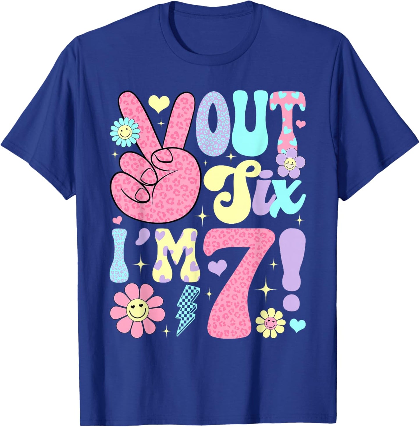 Groovy Peace Out Six I'm 7 Years Old 7th Birthday Girls Kids T-Shirt - T-Shirt | Royal