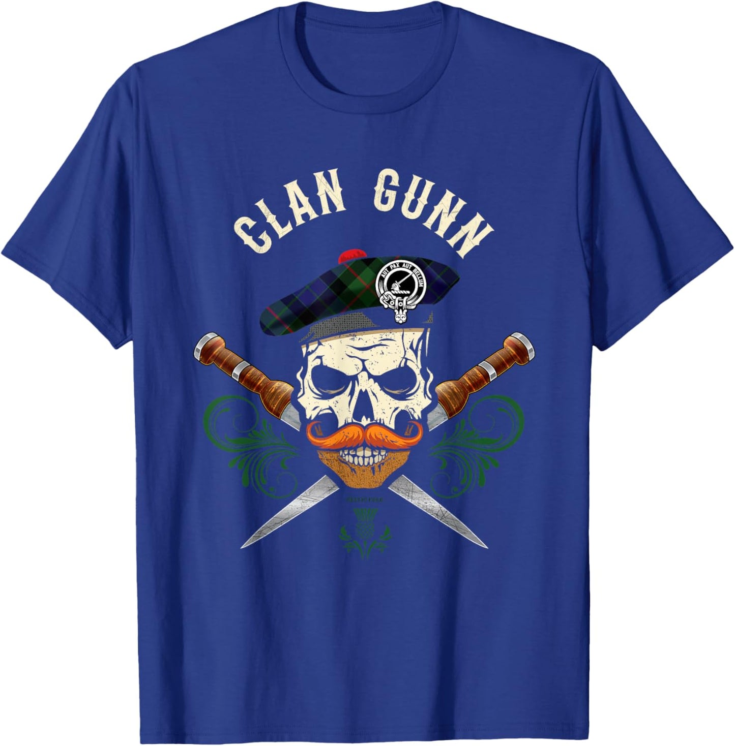 Scottish Clan Gunn Surname Skull Dirks Tartan Badge T-Shirt - T-Shirt | Royal