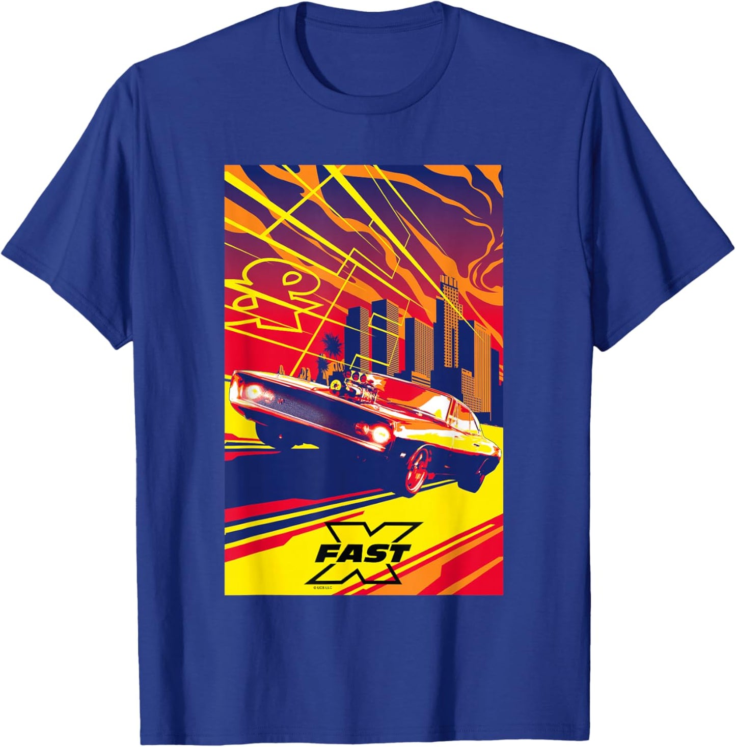 Fast X Toretto Charger City Skyline Saturated Movie Poster T-Shirt - T-Shirt | Royal