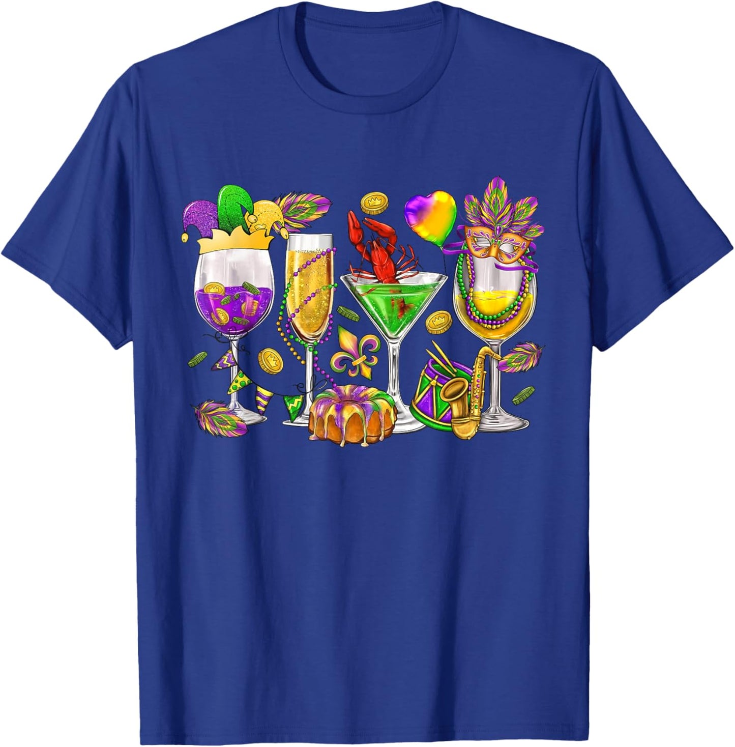 Mardi Gras Glass Of Wine Funny Drinking Wine Festival Parade T-Shirt - T-Shirt | Royal