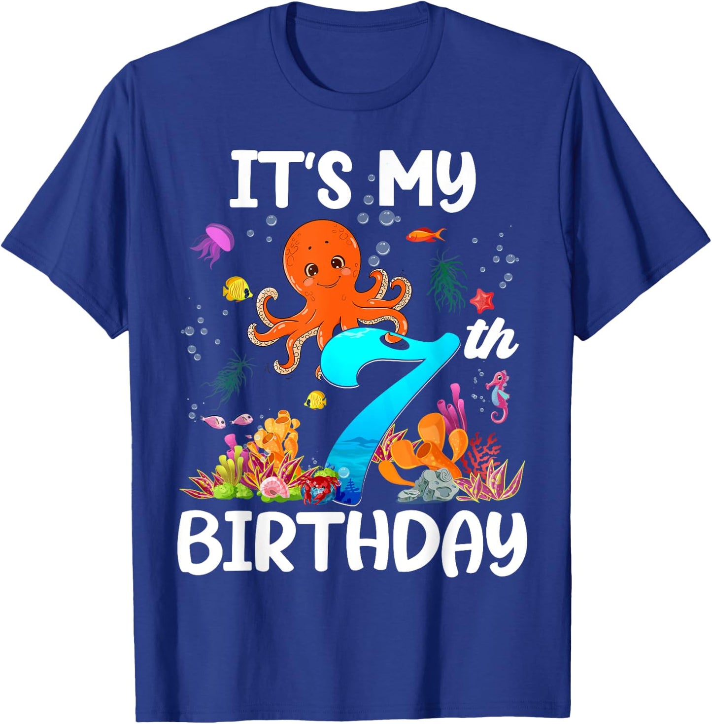 7 Year Old Ocean Life Whale Dolphin Octopus 7th Birthday T-Shirt - T-Shirt | Royal