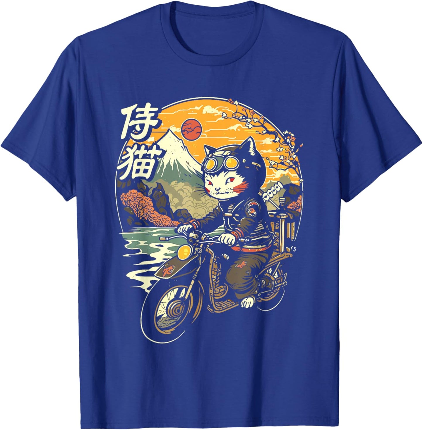 Japanese Samurai Cat on Motorcycle Kawaii Ninja Cat Men Women Kids T-Shirt - T-Shirt | Royal
