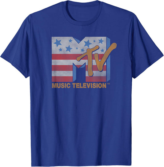 MTV Music Television American Flag Vintage Classic Logo T-Shirt - T-Shirt | Royal