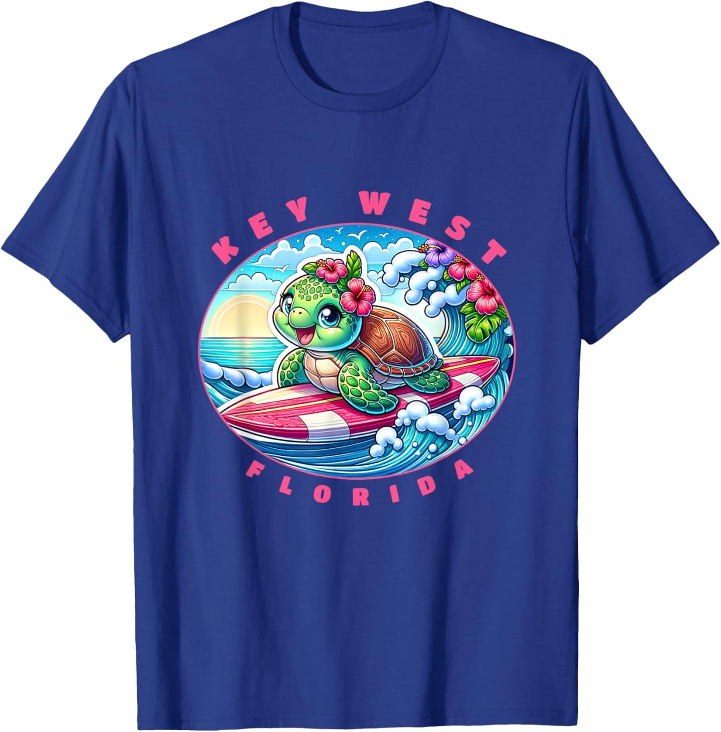 Key West Florida Cute Surfing Girl Sea Turtle T-Shirt - T-Shirt | Royal