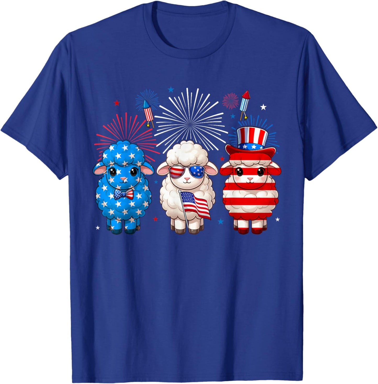 Three Red Blue White Cute Sheeps 4th Of July Farmer Rancher T-Shirt - T-Shirt | Royal