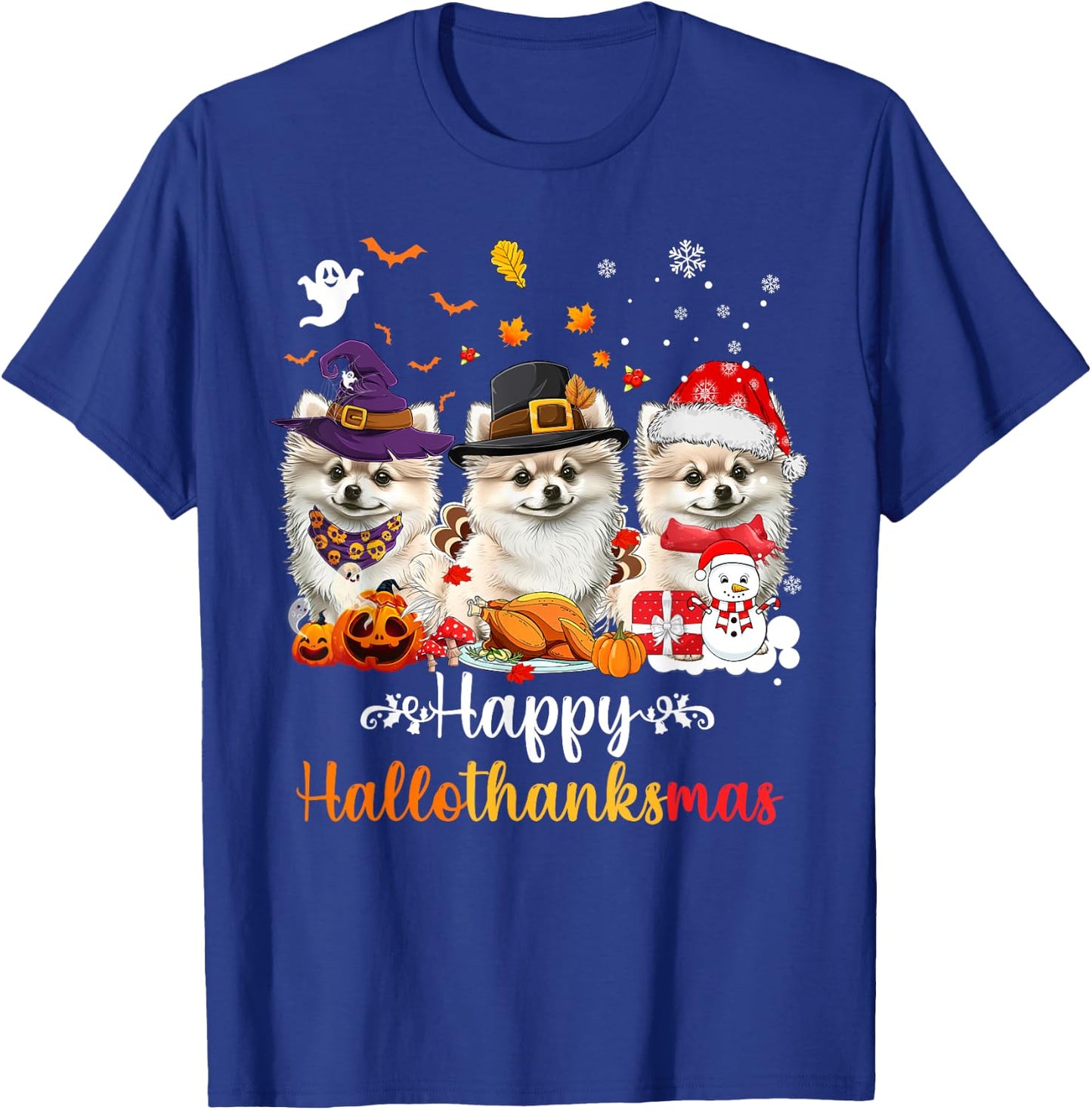 Happy Hallothanksmas Pomeranian Dog Halloween Christmas Men Women Kids T-Shirt - T-Shirt | Royal