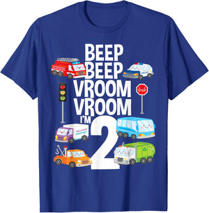 Beep Vroom I'm 2 Trucks Cars Theme Birthday Gift 2 Yrs Old T-Shirt - T-Shirt | Royal