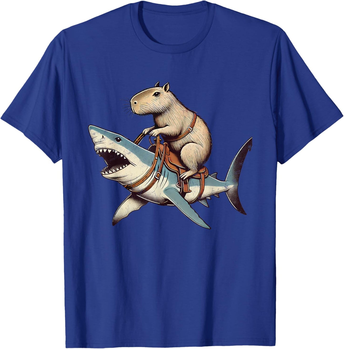 Vintage Rodent Capybara Funny Retro Capyabara Riding Shark T-Shirt - T-Shirt | Royal
