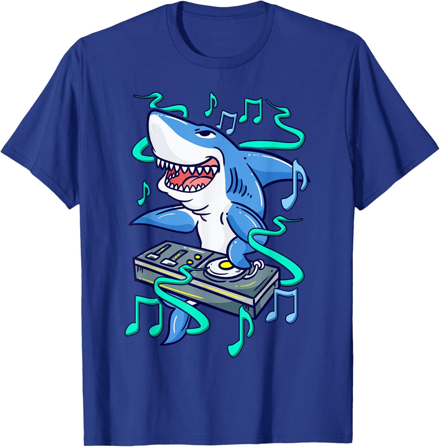 Shark DJ Mixing on Turntables - Funny Music Mixer T-Shirt - T-Shirt | Royal