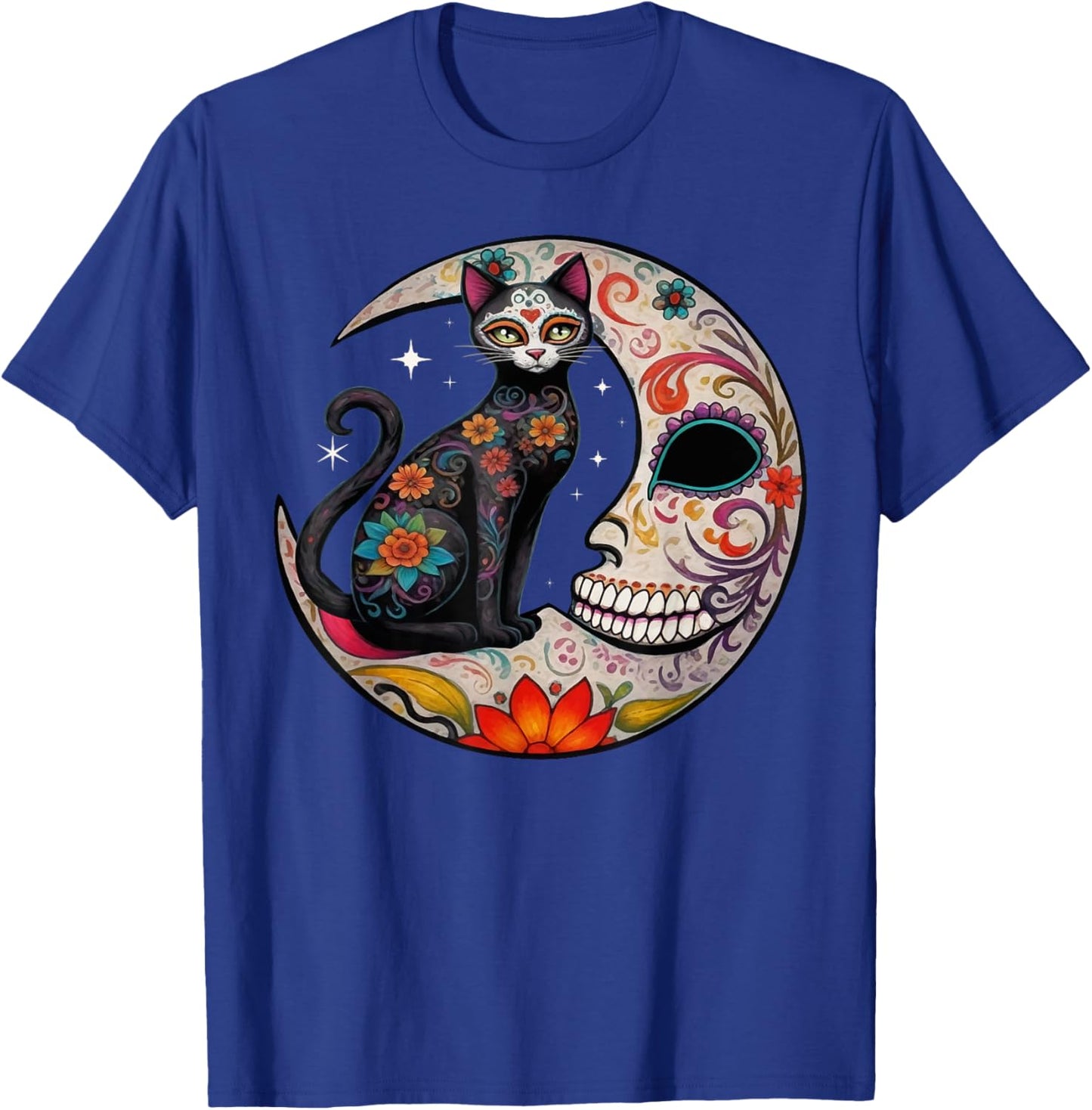 Sugar Skull Cat Moon De Los Muertos Day of Dead Halloween Women T-Shirt - T-Shirt | Royal