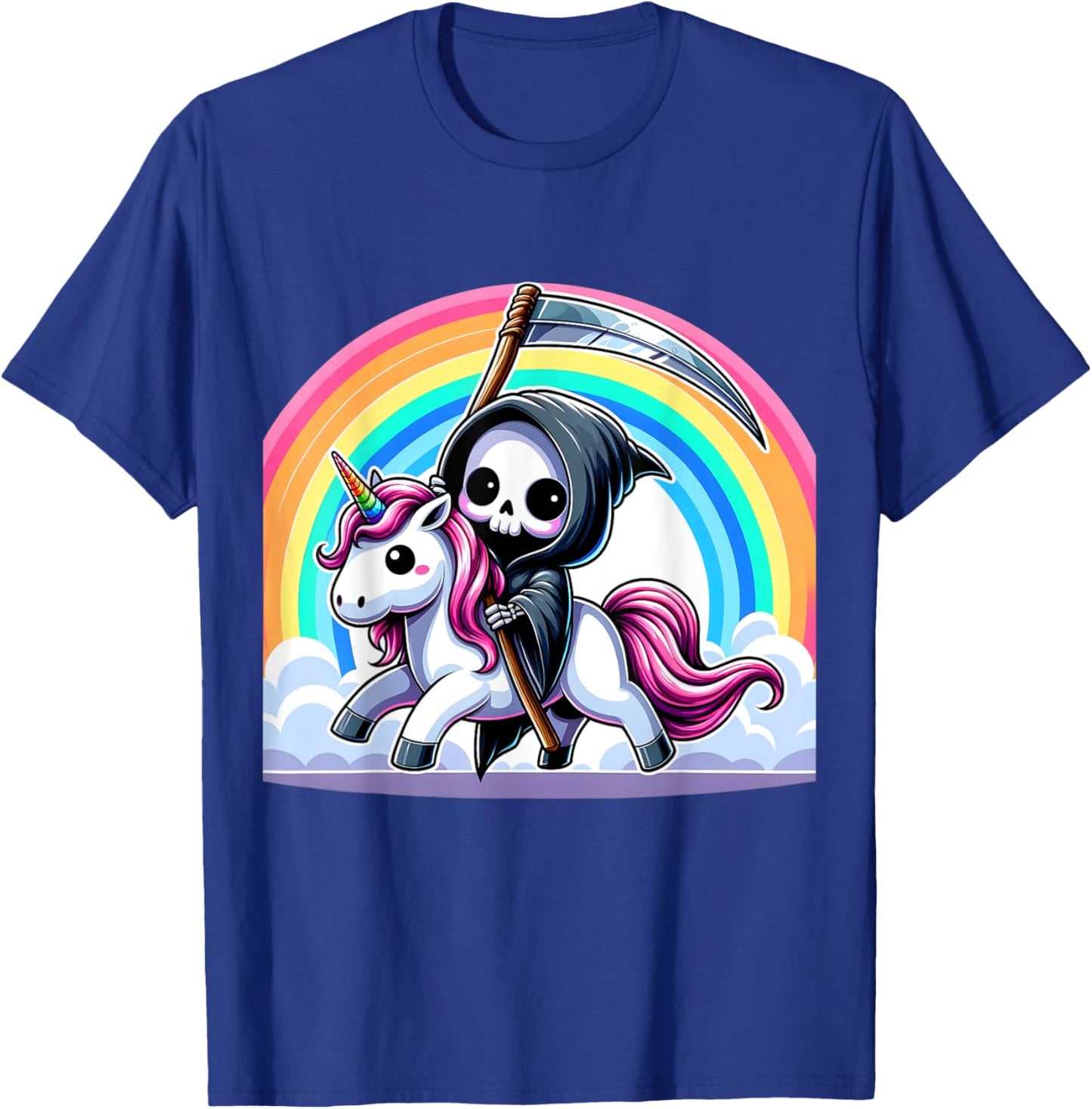 Grim Reaper Riding Unicorn Funny Rainbow Heavy Metal T-Shirt - T-Shirt | Royal