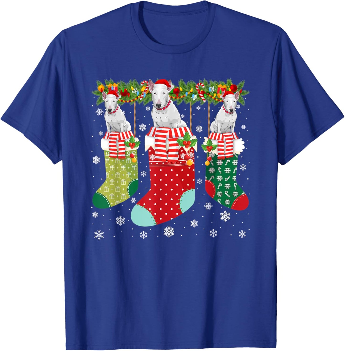 Three Bull Terrier Dog in Socks Ugly Christmas Sweater Party Men Women Kids T-Shirt - T-Shirt | Royal