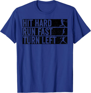 Hit Hard Run Fast Turn Left Baseball Coach Mom Dad Kid Funny T-Shirt - T-Shirt | Royal