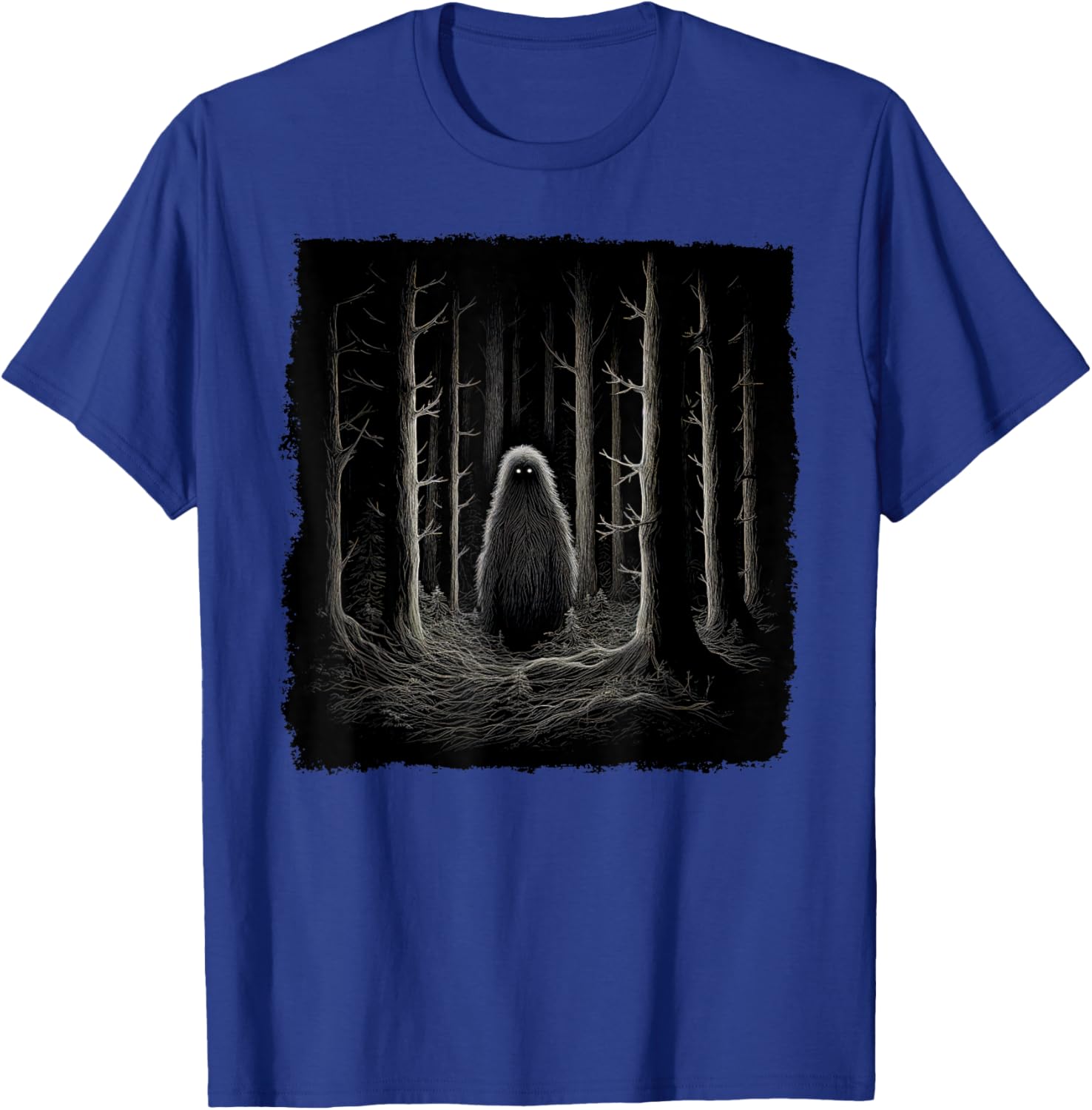 Sasquatch in the Forest with Glowing Eyes – Funny Bigfoot T-Shirt - T-Shirt | Royal