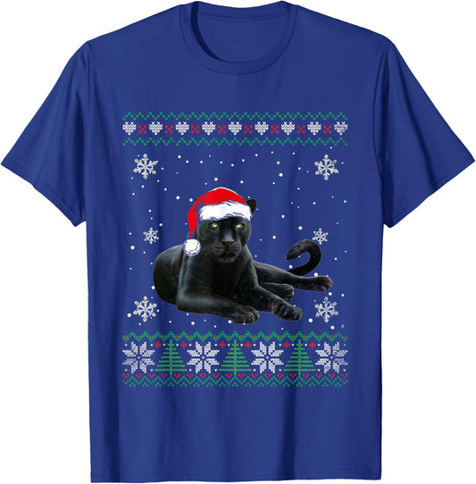 Santa Panther Ugly Sweater Animals Christmas Pajama T-Shirt - T-Shirt | Royal