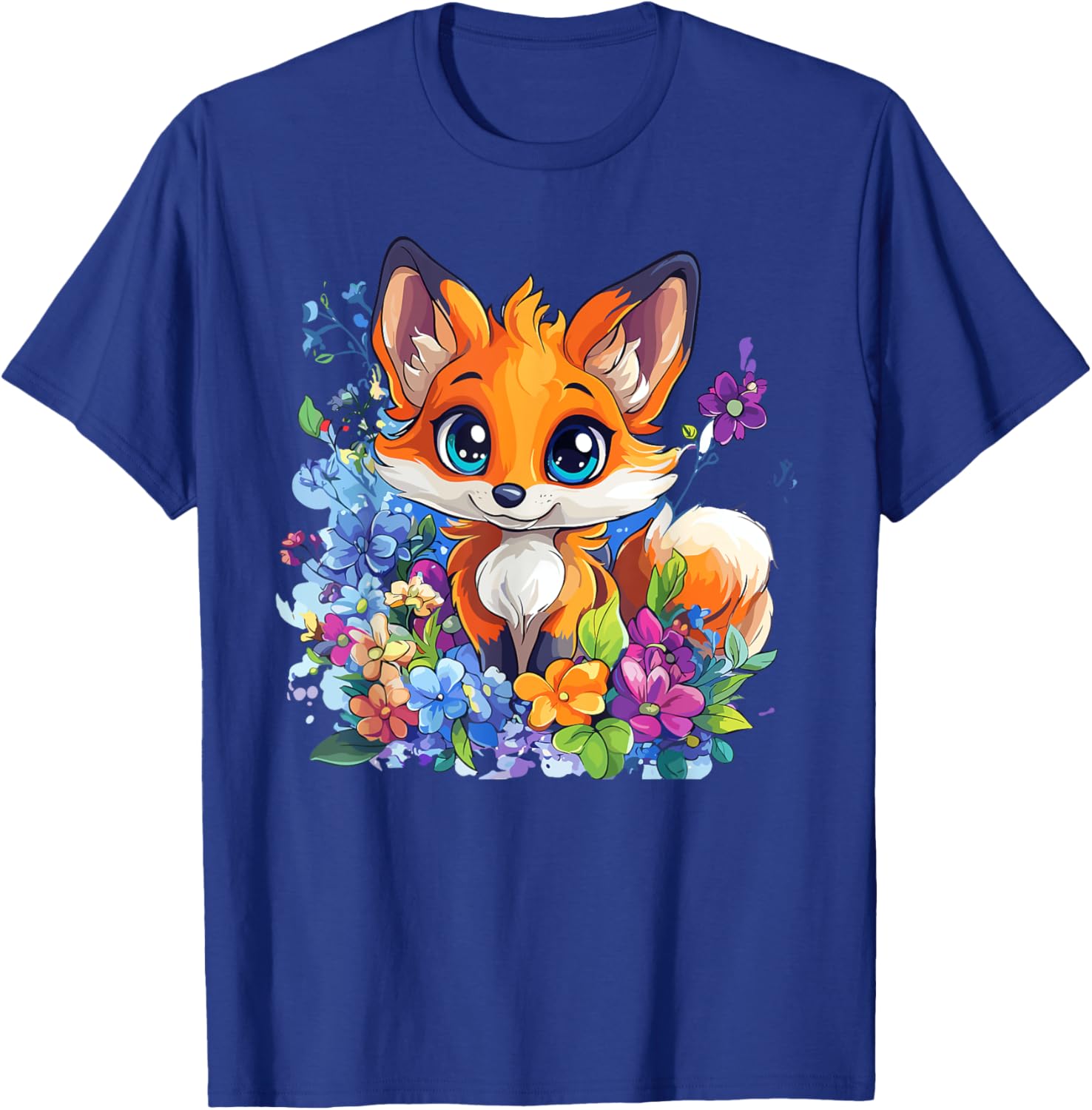 Cute Fox Surrounded by Flowers , Black, S T-Shirt - T-Shirt | Royal