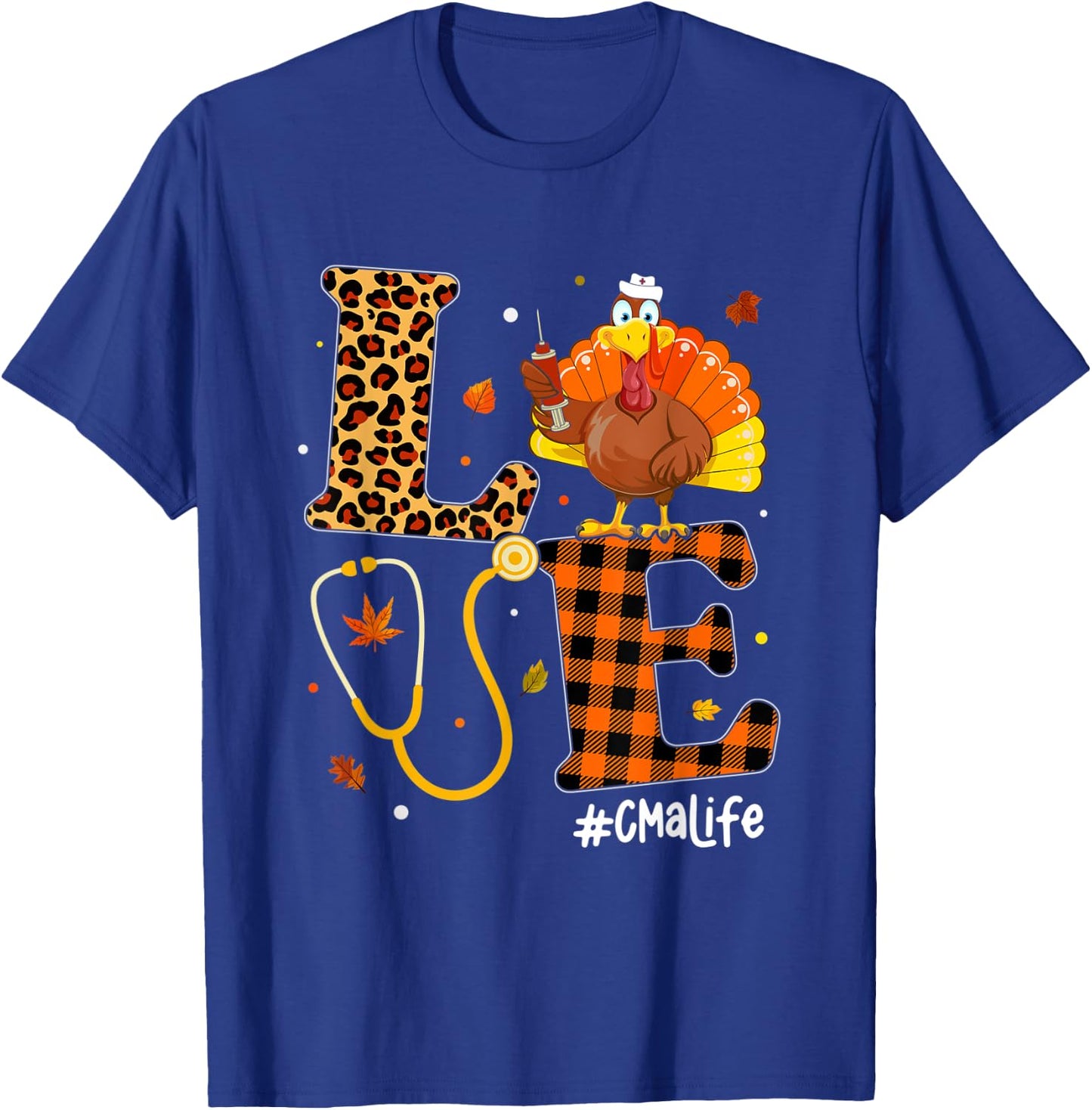 Love Nurse Life Fall CMA Nurse Leopard Plaid Thanksgiving T-Shirt - T-Shirt | Royal