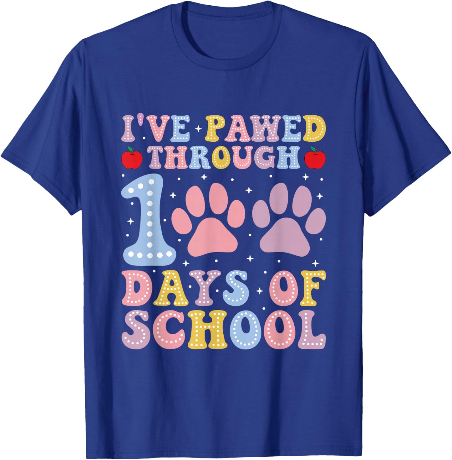 Funny 100 Days Of School Dogs Cats Paw Print Teacher Kids T-Shirt - T-Shirt | Royal
