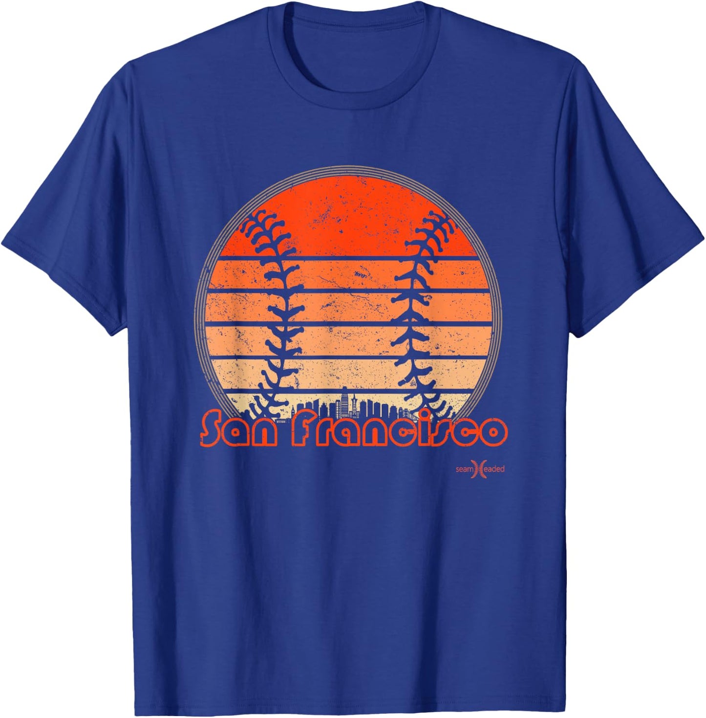 Retro San Francisco Baseball Sunset with Vintage SF Skyline T-Shirt - T-Shirt | Royal