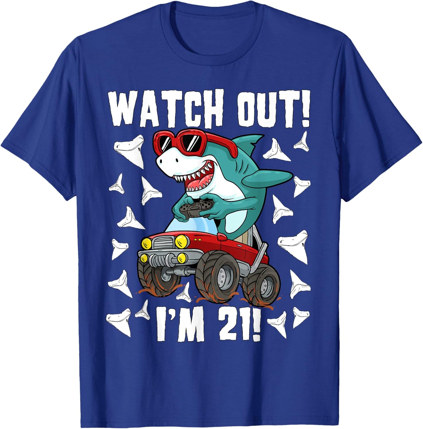 21 Years Old 21st Birthday Shark Boy Monster Truck Gamer T-Shirt - T-Shirt | Royal