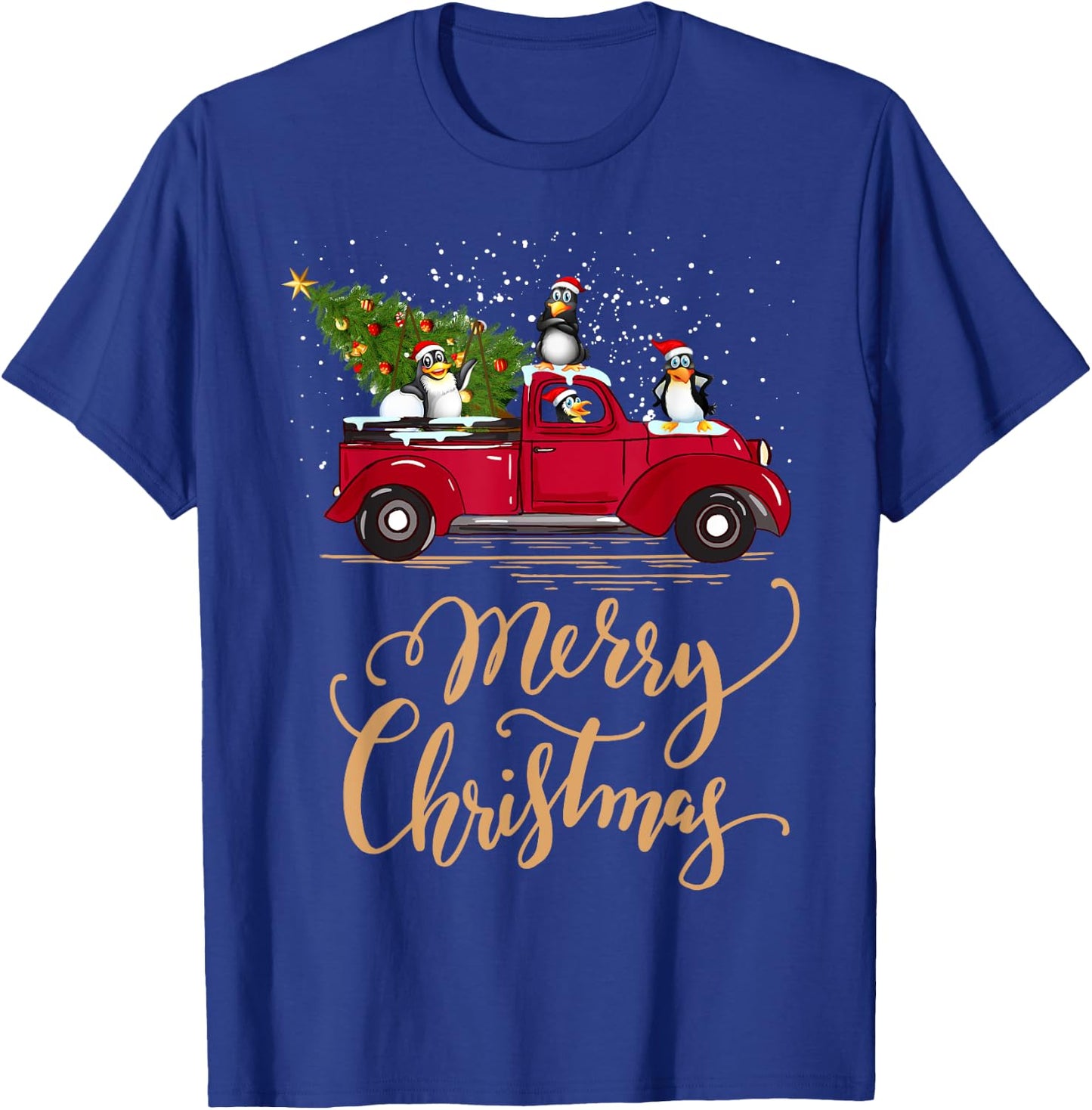 Penguin Driving Christmas Tree Red Truck Penguin Christmas T-Shirt - T-Shirt | Royal