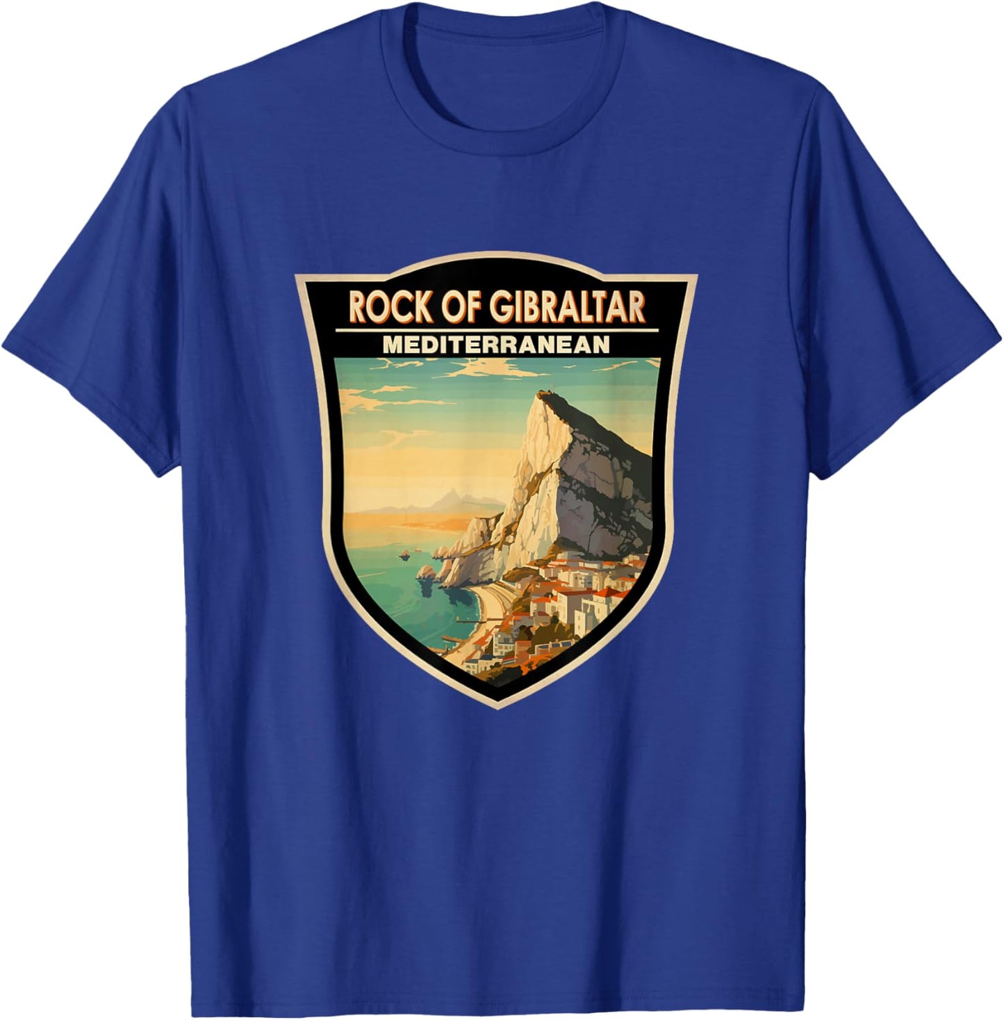 Rock of Gibraltar Travel Art Badge Vintage T-Shirt - T-Shirt | Royal