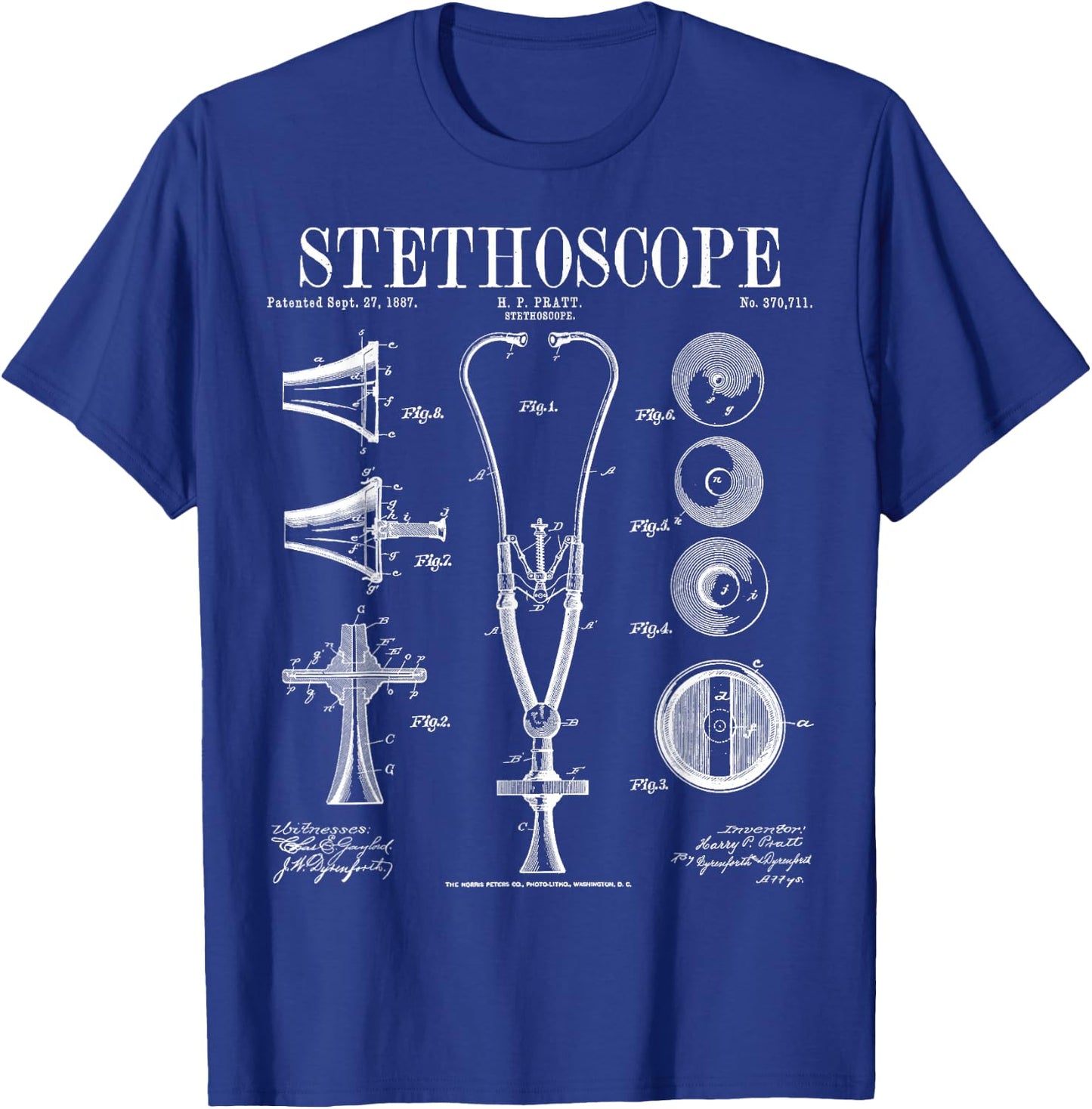 Stethoscope Old Vintage Patent Drawing Print Doctor Nurse T-Shirt - T-Shirt | Royal