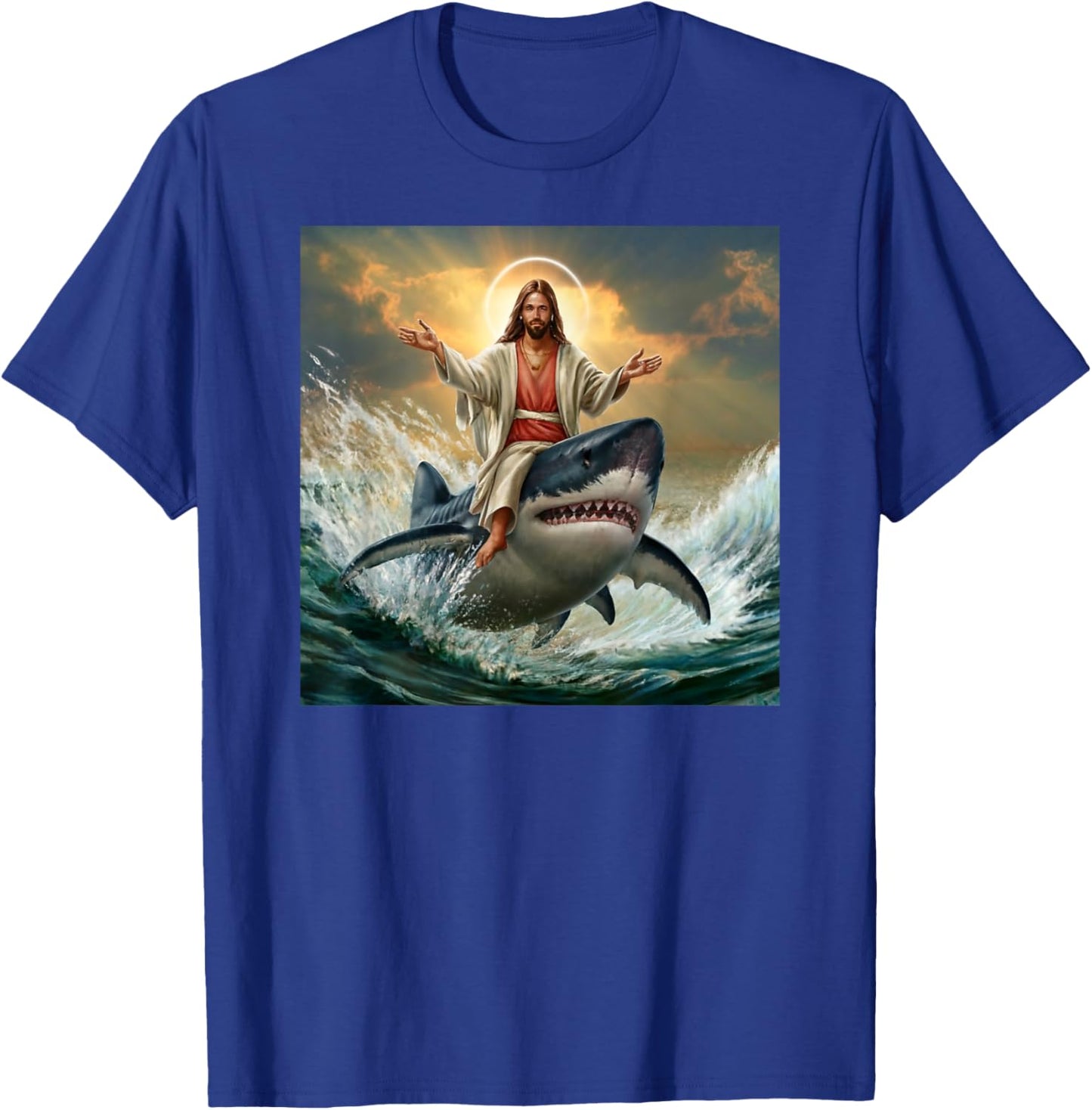 Christian Jesus Riding Shark Funny Shark Jesus Lover T-Shirt - T-Shirt | Royal
