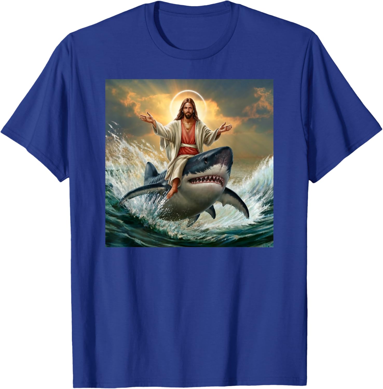 Christian Jesus Riding Shark Funny Shark Jesus Lover T-Shirt - T-Shirt | Royal
