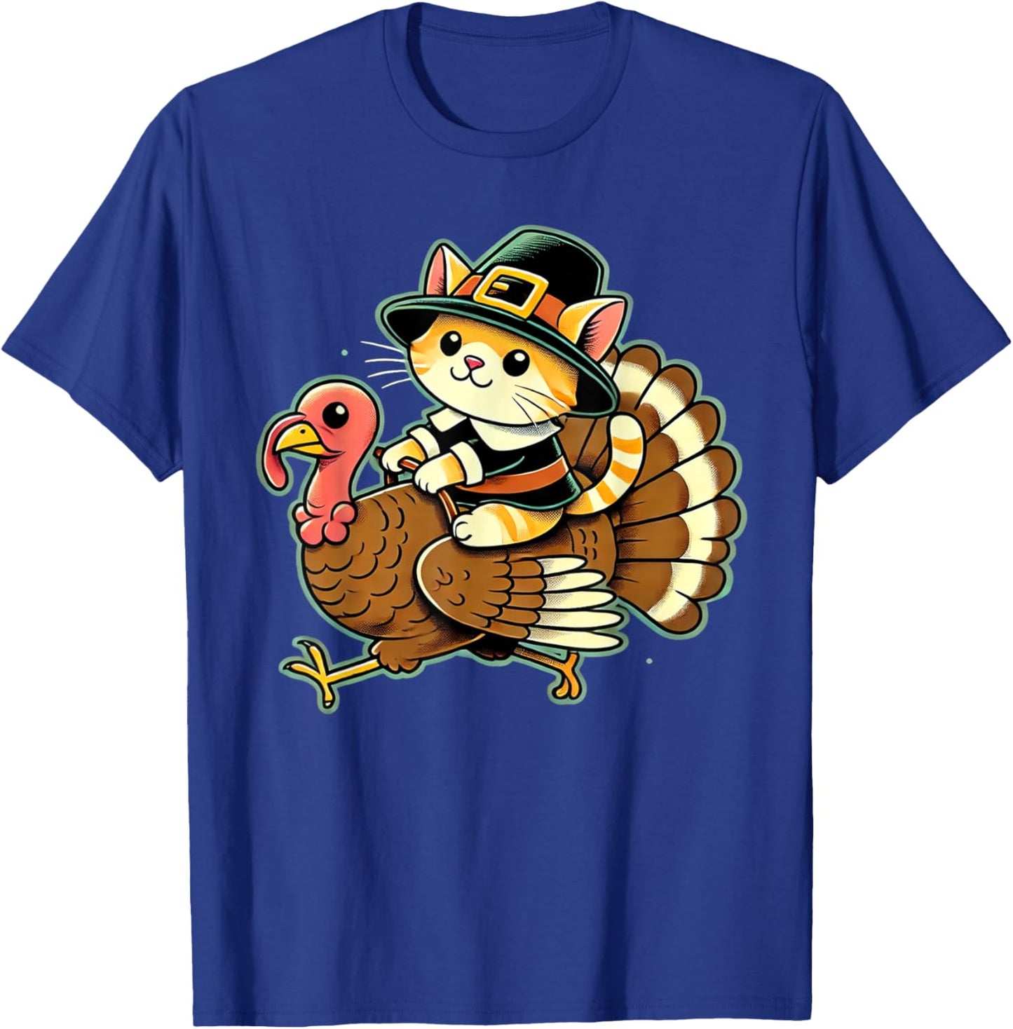 Cute Cat Pilgrim Costume And Turkey Funny Thanksgiving Retro Women Girls Kids T-Shirt - T-Shirt | Royal