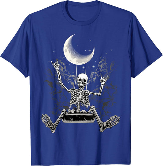 Moon Skeleton Rock On Hand Spooky Halloween Rock Concerts T-Shirt - T-Shirt | Royal