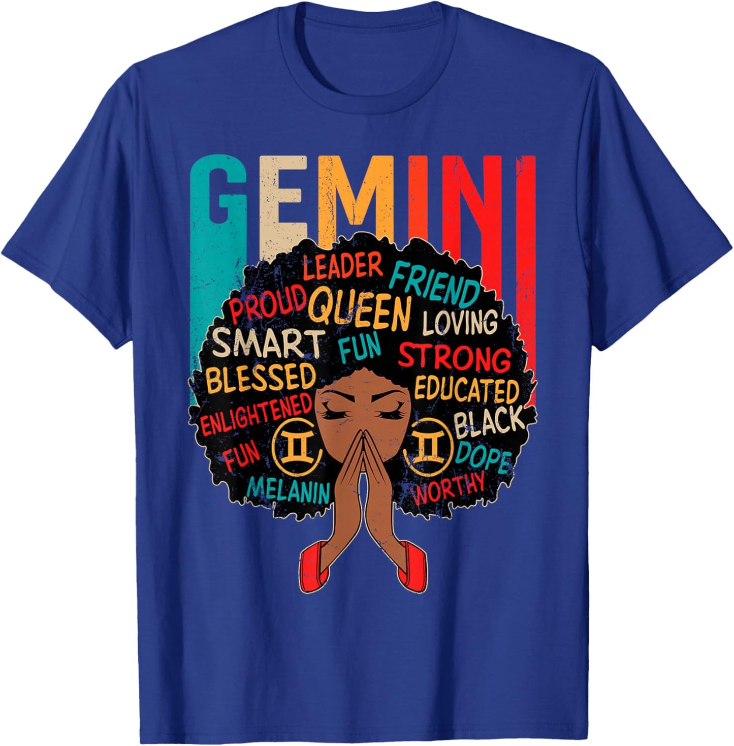 Gemini Queen Retro Afro Black Women Zodiac Sign T-Shirt - T-Shirt | Royal