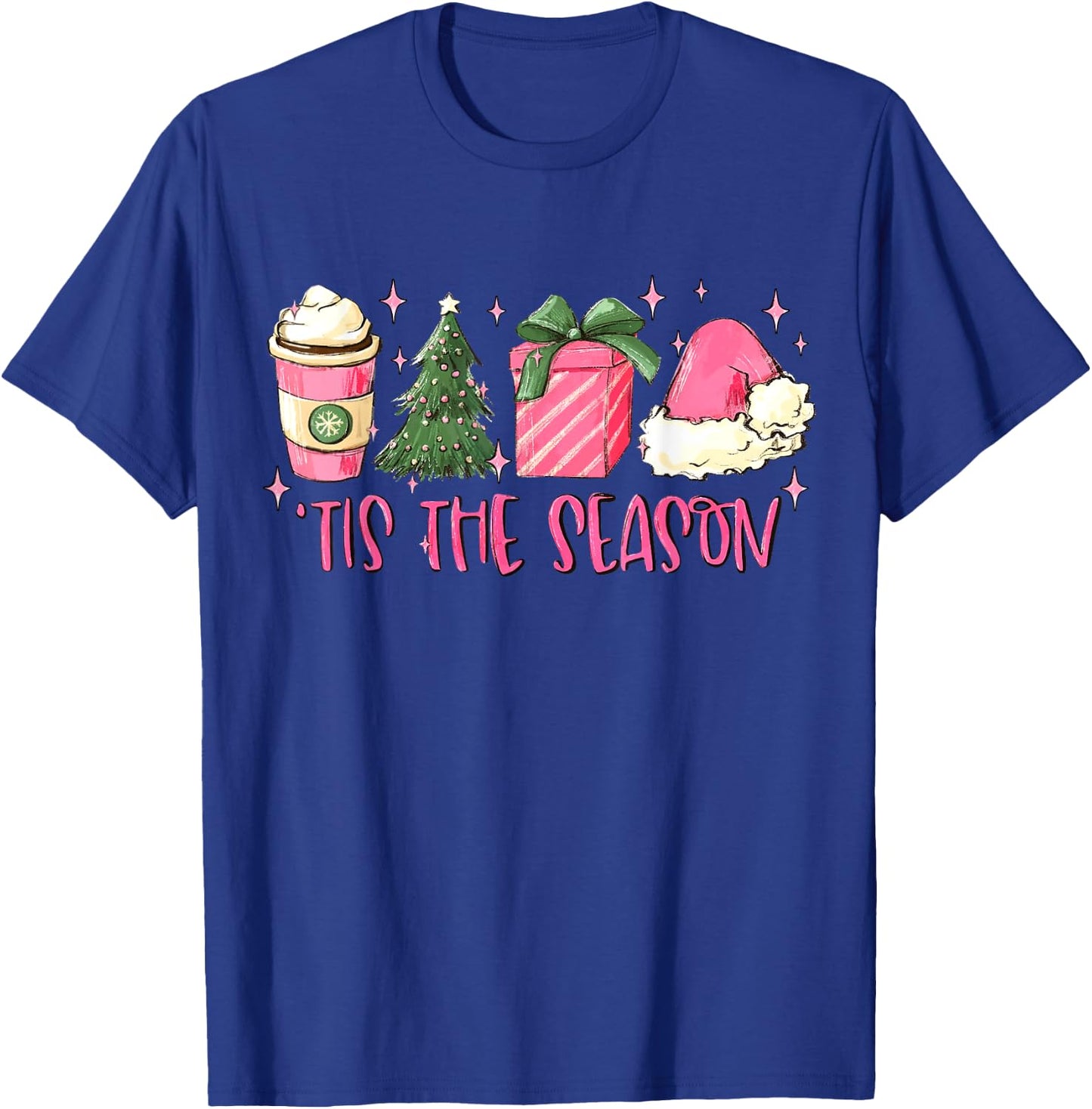 Retro Tis The Season Pink Christmas Coffee Funny Family Xmas T-Shirt - T-Shirt | Royal