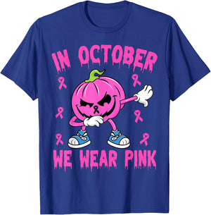 In October We Wear Pink Breast Cancer Pumpkin Halloween Boys T-Shirt - T-Shirt | Royal