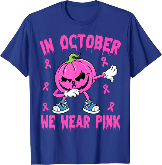In October We Wear Pink Breast Cancer Pumpkin Halloween Boys T-Shirt - T-Shirt | Royal