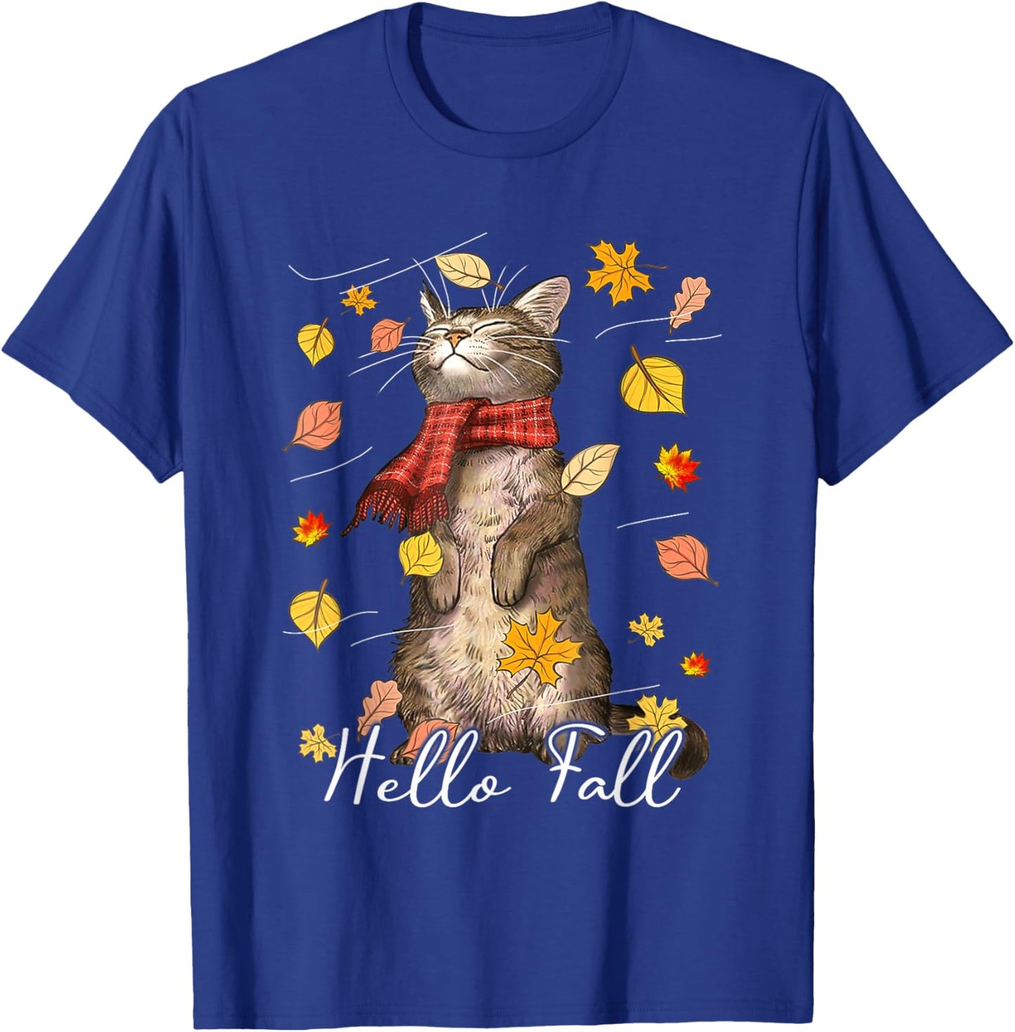 Hello Fall Cat Shirt Cat Autumn Leaves Kitten Lover Men Women Kids T-Shirt - T-Shirt | Royal