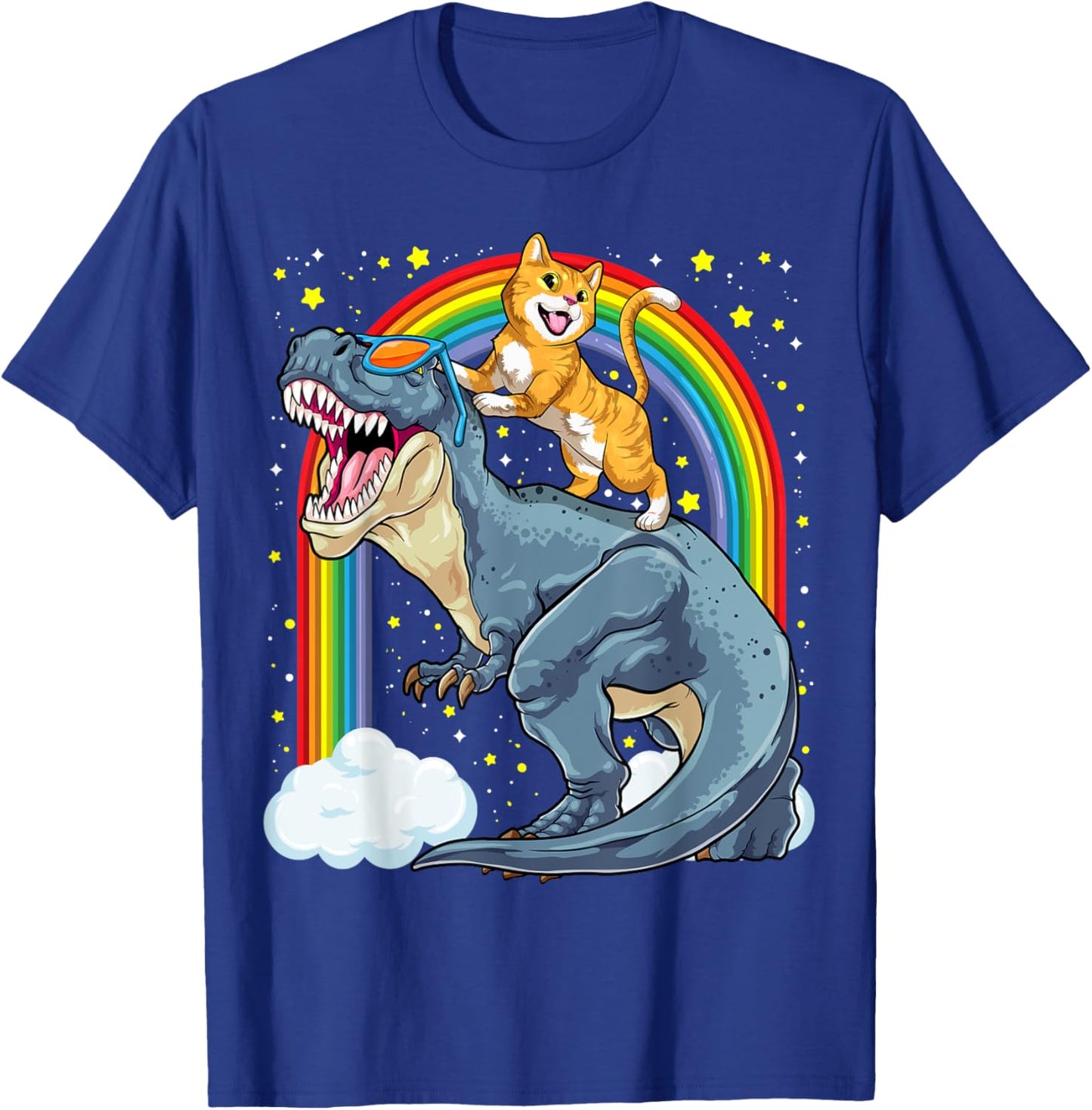 Cat Riding Dinosaur T-Rex Kitten Rainbow Dino Funny T-Shirt - T-Shirt | Royal